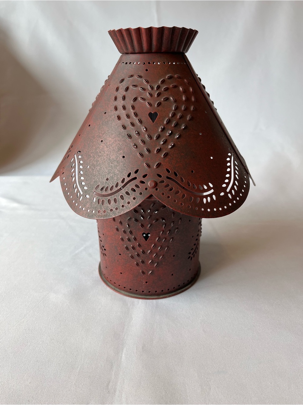 Rare Vintage Farmhouse Punched Tin Candle Holder With Illuminating Heart Design